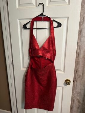 Fashion Nova Shimmery Red Cutout Halter Bodycon Mini Dress